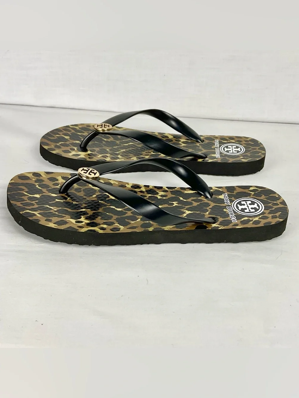 Tory Burch Leopard Print Rubber Flip Flops Gold Logo Sandals Approximate: Size 9